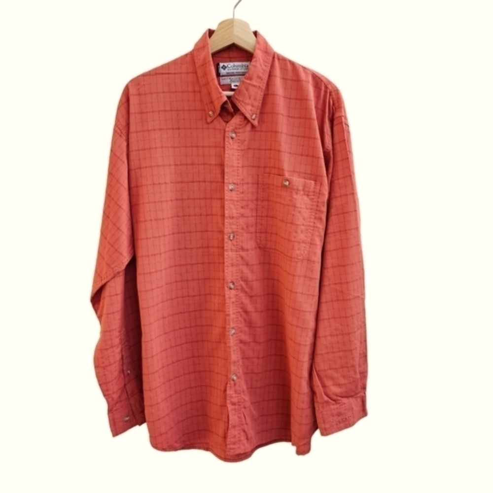 Columbia Orange Check Button-down Long-sleeved Shirt, Casual, Size Large